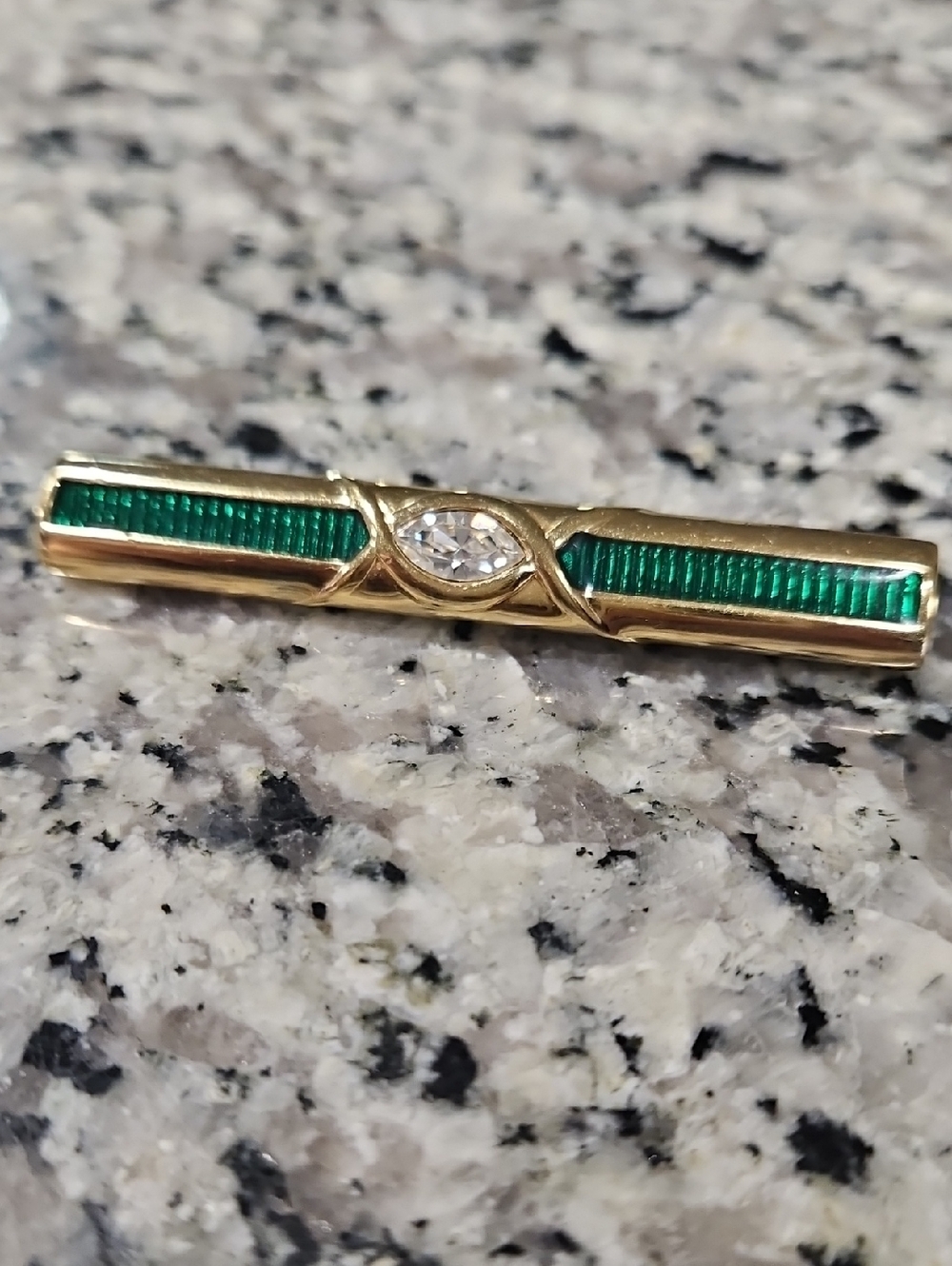 Vintage Signed SAL Swarovski Crystal Bar Brooch Gold Tone Green Enamel Pin